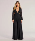 The Adley Long Sleeve Cutout Mesh Formal Dress in luxe black fabric, a stunning prom dress with statement details designed to make a bold impression at Prom 2025.