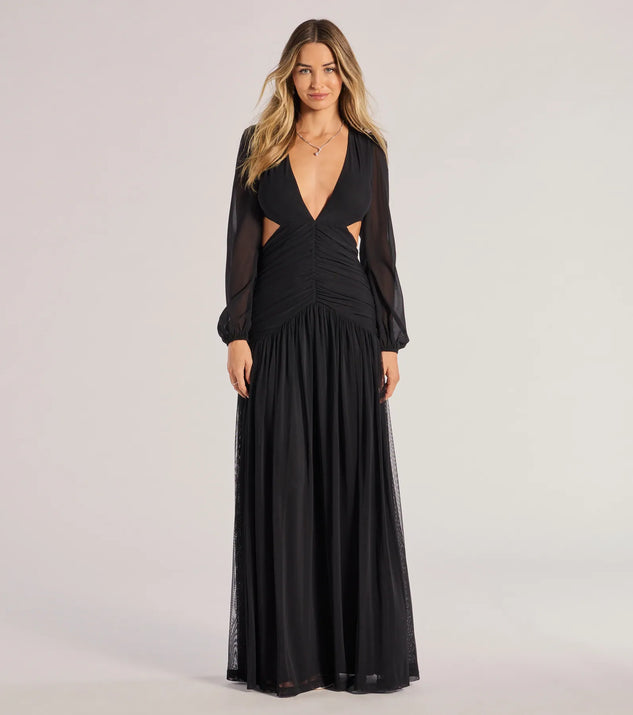 The Adley Long Sleeve Cutout Mesh Formal Dress in luxe black fabric, a stunning prom dress with statement details designed to make a bold impression at Prom 2025.