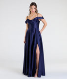 Step into the Prom 2025 dance in the Alira Cold Shoulder A-Line Satin Formal Dress in navy, a stunning blue prom dress designed to complement any theme with its timeless allure and statement-making style.