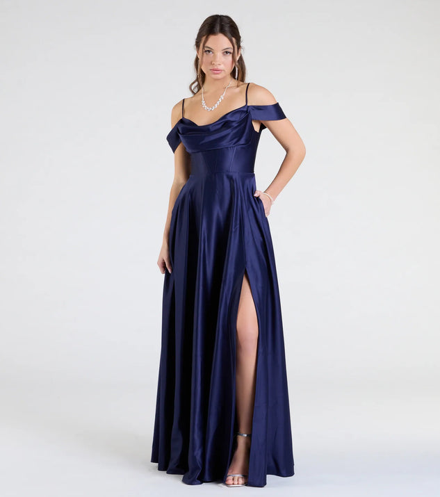 Step into the Prom 2025 dance in the Alira Cold Shoulder A-Line Satin Formal Dress in navy, a stunning blue prom dress designed to complement any theme with its timeless allure and statement-making style.