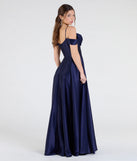 Step into the Prom 2025 dance in the Alira Cold Shoulder A-Line Satin Formal Dress in navy, a stunning blue prom dress designed to complement any theme with its timeless allure and statement-making style.