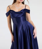 Step into the Prom 2025 dance in the Alira Cold Shoulder A-Line Satin Formal Dress in navy, a stunning blue prom dress designed to complement any theme with its timeless allure and statement-making style.