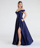 Step into the Prom 2025 dance in the Alira Cold Shoulder A-Line Satin Formal Dress in navy, a stunning blue prom dress designed to complement any theme with its timeless allure and statement-making style.