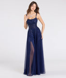 Turn heads at Prom 2025 in this navy blue prom dress, where statement-making details meet the iconic style of the Leslie Floral Applique Lace Up A-Line Formal Dress.