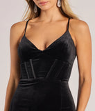 The April Lace-Up Velvet Corset Mermaid Dress in luxe black fabric, a stunning prom dress with statement details designed to make a bold impression at Prom 2025.