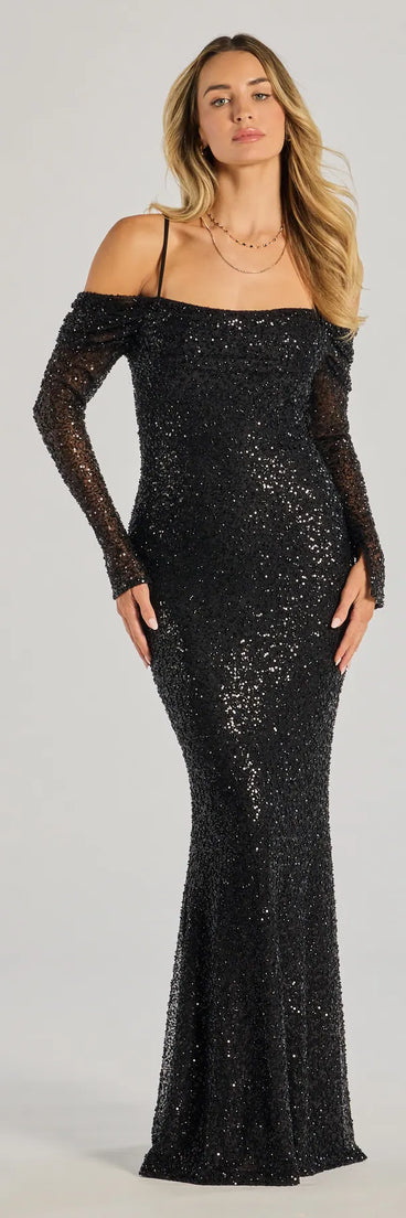 Own the spotlight in the Parker Off-The-Shoulder Beaded Sequin Column Dress, a black formal dress crafted to deliver luxe style for autumn weddings, Military Balls, or any special event.