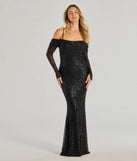 The Parker Off-The-Shoulder Beaded Sequin Slim Dress in luxe black fabric, a stunning prom dress with statement details designed to make a bold impression at Prom 2025.