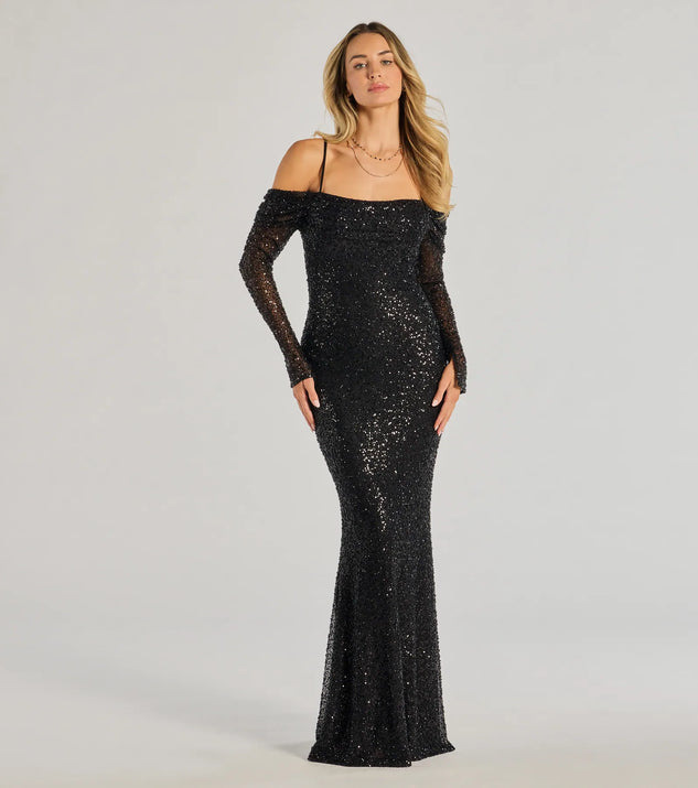The Parker Off-The-Shoulder Beaded Sequin Slim Dress in luxe black fabric, a stunning prom dress with statement details designed to make a bold impression at Prom 2025.