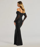 The Parker Off-The-Shoulder Beaded Sequin Column Dress is a show-stopping black prom dress, offering a sleek, slimming silhouette that enhances your natural beauty for an unforgettable night.