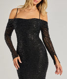 The Parker Off-The-Shoulder Beaded Sequin Slim Dress in luxe black fabric, a stunning prom dress with statement details designed to make a bold impression at Prom 2025.