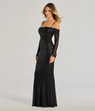 The Parker Off-The-Shoulder Beaded Sequin Slim Dress in luxe black fabric, a stunning prom dress with statement details designed to make a bold impression at Prom 2025.