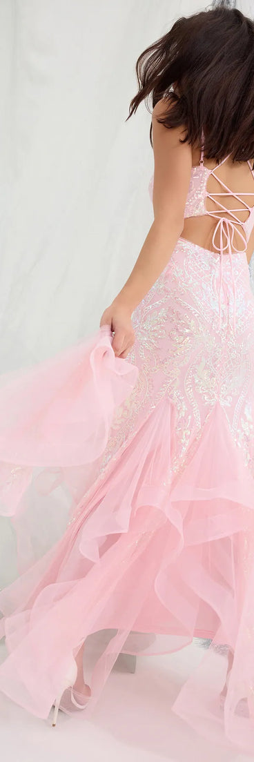 The Sylvia Lace-Up Mermaid Tulle Ruffle Sequin Dress in luxe pink fabric, a stunning prom dress with statement details designed to make a bold impression at Prom 2025.
