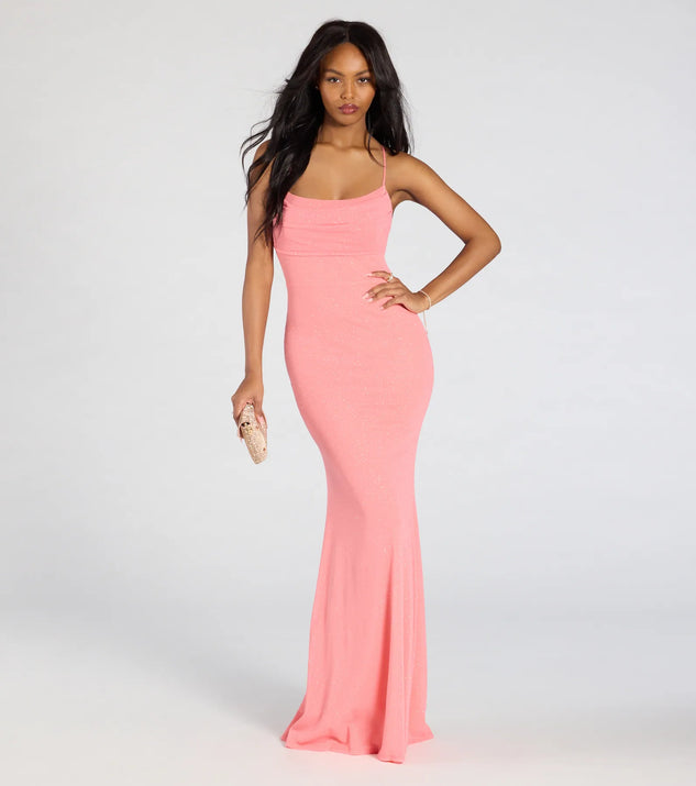 The Molly Lace-Up Mermaid Glitter Formal Dress in luxe coral fabric, a stunning prom dress with statement details designed to make a bold impression at Prom 2025.