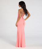 The Molly Lace-Up Mermaid Glitter Formal Dress in luxe coral fabric, a stunning prom dress with statement details designed to make a bold impression at Prom 2025.