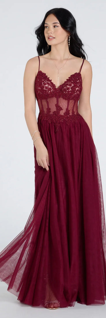 Own the spotlight in the Fatima V-Neck Embroidered A-Line Tulle Dress, a wine formal dress crafted to deliver luxe style for autumn weddings, Military Balls, or any special event.