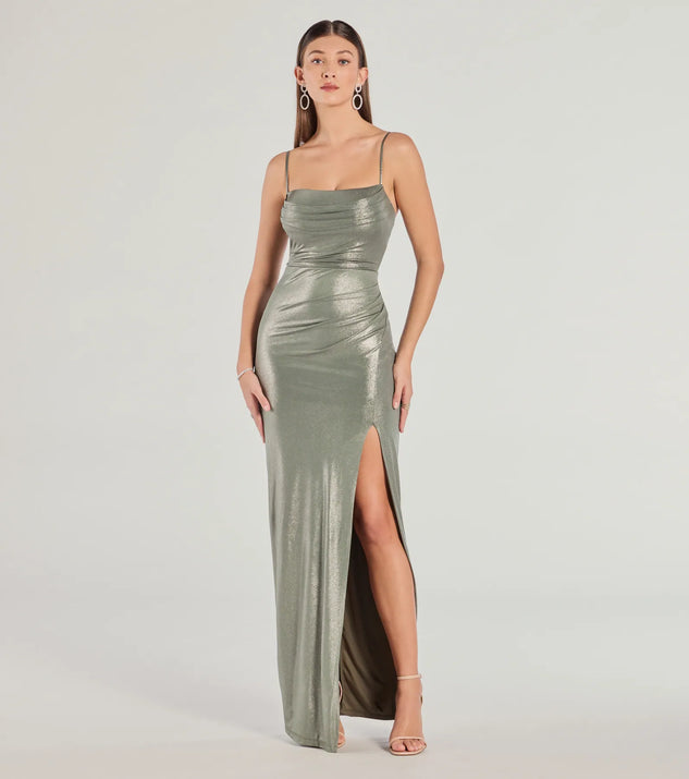 Turn heads at Prom 2025 in this sage green prom dress, where statement-making details meet the iconic style of the Maia High-Slit Foiled Long Dress .