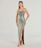 Step into Prom 2025 in a sage green prom dress, where unique Windsor accents and the standout Maia High-Slit Foiled Long Dress style come together.
