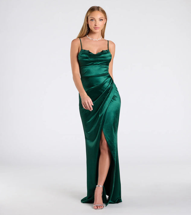 The Michelle Applique Trim Wrap Satin Formal Dress in luxe hunter green fabric, a stunning prom dress with statement details designed to make a bold impression at Prom 2025.