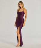 Make a bold statement in the Natalie Cowl Neck Lace-Up Slit Column Dress in plum, the perfect spring dress for weddings, cocktail hours, nights out, and/or seasonal celebrations.