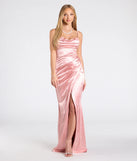 The Michelle Applique Trim Wrap Satin Formal Dress in luxe blush fabric, a stunning prom dress with statement details designed to make a bold impression at Prom 2025.