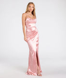 The Michelle Applique Trim Wrap Satin Formal Dress in luxe blush fabric, a stunning prom dress with statement details designed to make a bold impression at Prom 2025.