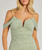 Make a bold statement in the Charlene Formal Faux Pearl Mesh Mermaid Dress in sage green, the perfect green dress for weddings, cocktail hours, nights out, and/or seasonal celebrations.
