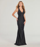 The Denise Halter Tie-Back Mermaid Formal Dress in luxe black fabric, a stunning prom dress with statement details designed to make a bold impression at Prom 2025.