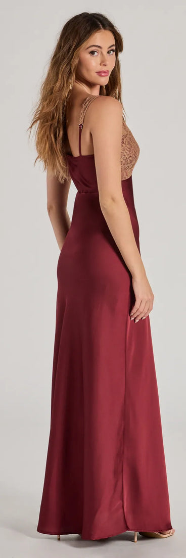 Deirdre Satin and Lace Sleeveless Mermaid Dress in burgundy, a stylish red dress with a flattering fit and fabric that adds allure to your look, perfect for wedding guest attire, cocktail events, or making a bold statement on a date night.