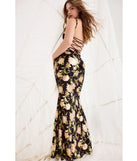 The Drea Floral Velvet Burnout Lace-Up Mermaid Dress in luxe black fabric, a stunning prom dress with statement details designed to make a bold impression at Prom 2025.