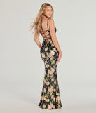 The Drea Floral Velvet Burnout Lace-Up Mermaid Dress is a show-stopping black prom dress, offering a sleek, slimming silhouette that enhances your natural beauty for an unforgettable night.
