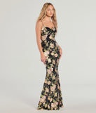 The Drea Floral Velvet Burnout Lace-Up Mermaid Dress in luxe black fabric, a stunning prom dress with statement details designed to make a bold impression at Prom 2025.