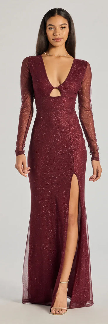 Feel instantly put-together in the Alanna Glitter Mesh Long Sleeve Mermaid Dress in wine, a stylish wedding guest dress designed for confident style and all-out celebration.