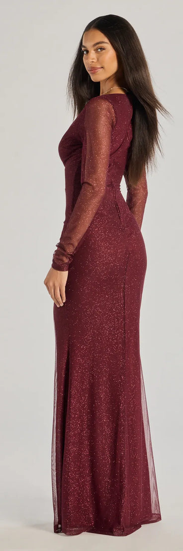 Step into Prom 2025 in a wine prom dress, where unique Windsor accents and the standout Alanna Glitter Mesh Long Sleeve Mermaid Dress style come together.