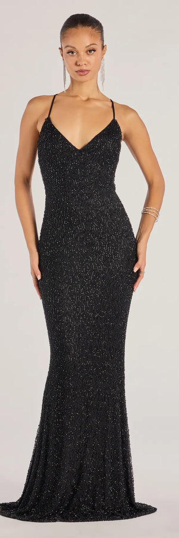 Feel instantly put-together in the Rani Sleeveless Strappy Open-Back Beaded Mermaid Dress in black, a summer wedding guest dress designed for confident style and all-out celebration.