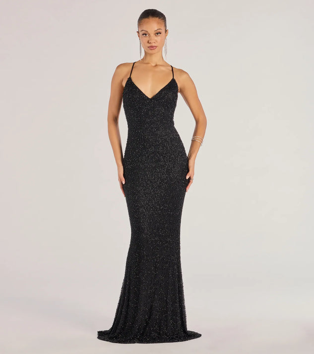 The Rani Sleeveless Strappy Open-Back Beaded Mermaid Dress in luxe black fabric, a stunning prom dress with statement details designed to make a bold impression at Prom 2025.