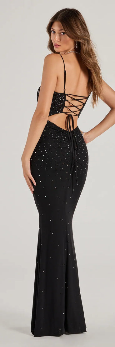 Revamp your 2025 wardrobe with this chic addition, the Noa Lace-Up Rhinestone Corset Mermaid Dress in black, perfect for elevating your style in the new year.