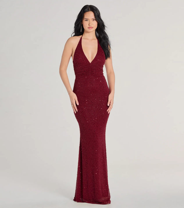 Blake Halter V-Neck Beaded Column Formal Dress Blake Halter V-Neck Beaded Column Formal Dress