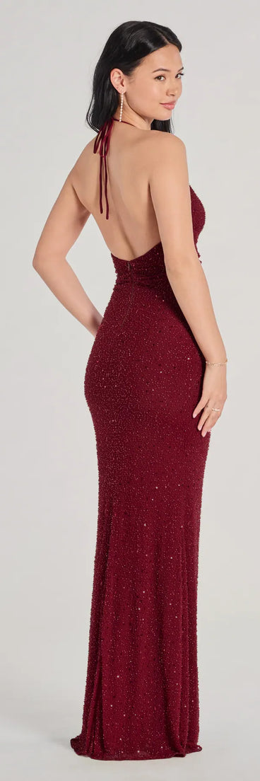 Make a statement in the Blake V-Neck Halter Beaded Slim Formal Dress in wine, a bold red prom dress designed to exude confidence, elegance, and a striking prom-night look.