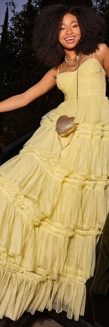 Make a bold statement in the Harper Corset Ruffle A-Line Formal Dress in yellow, the perfect spring dress for weddings, cocktail hours, nights out, and/or seasonal celebrations.