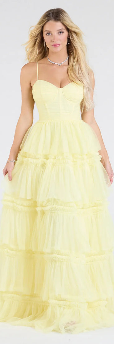 Make the big day unforgettable with the Harper Corset Ruffle A-Line Formal Dress, a gorgeous yellow bridesmaid dress that balances elegance and affordability.