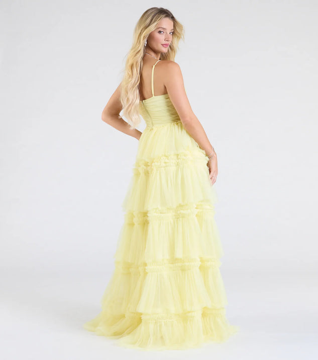 windsor yellow prom dress Harper Corset Ruffle A-Line Formal Dress