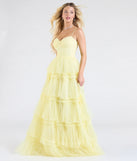 Make a bold statement in the Harper Corset Ruffle A-Line Formal Dress in yellow, the perfect spring dress for weddings, cocktail hours, nights out, and/or seasonal celebrations.