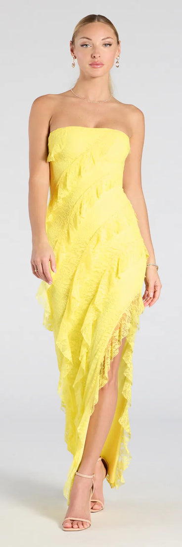 Feel instantly put-together in the Kellie Strapless Ruffled Slit Lace Formal Dress in yellow, a stylish wedding guest dress designed for confident style and all-out celebration.