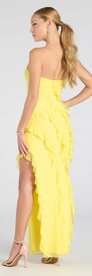 The Kellie Strapless Ruffled Slit Lace Formal Dress in luxe yellow fabric, a stunning prom dress with statement details designed to make a bold impression at Prom 2025.