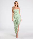 The Ellie Ruffled Lace High Slit Formal Dress in luxe sage green fabric, a stunning prom dress with statement details designed to make a bold impression at Prom 2025.