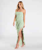 The Ellie Ruffled Lace High Slit Formal Dress in luxe sage green fabric, a stunning prom dress with statement details designed to make a bold impression at Prom 2025.
