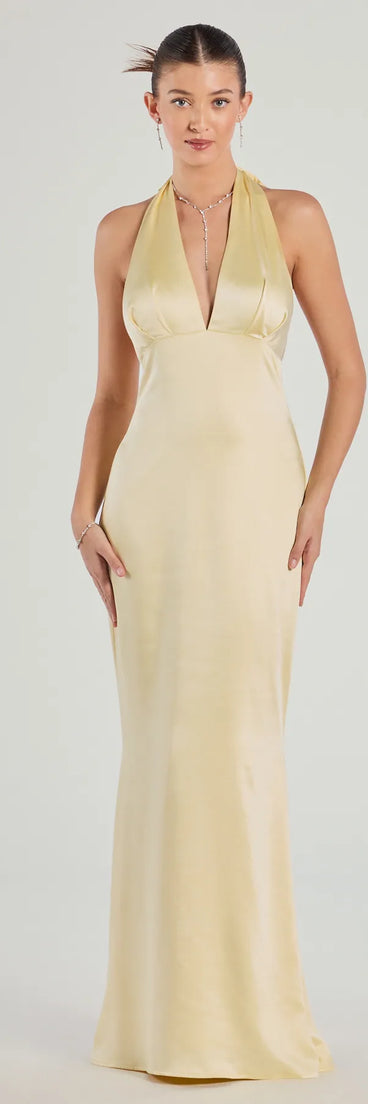 The Erika Halter Satin Column Formal Dress is your new go-to yellow dress—effortless, versatile, and made to update your fall style in seconds.