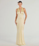 The Erika Halter Satin Column Formal Dress in luxe yellow fabric, a stunning prom dress with statement details designed to make a bold impression at Prom 2025.