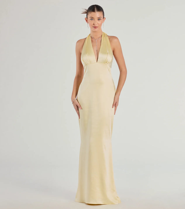 The Erika Halter Satin Column Formal Dress in luxe yellow fabric, a stunning prom dress with statement details designed to make a bold impression at Prom 2025.