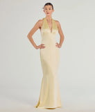 The Erika Halter Satin Column Formal Dress in luxe yellow fabric, a stunning prom dress with statement details designed to make a bold impression at Prom 2025.
